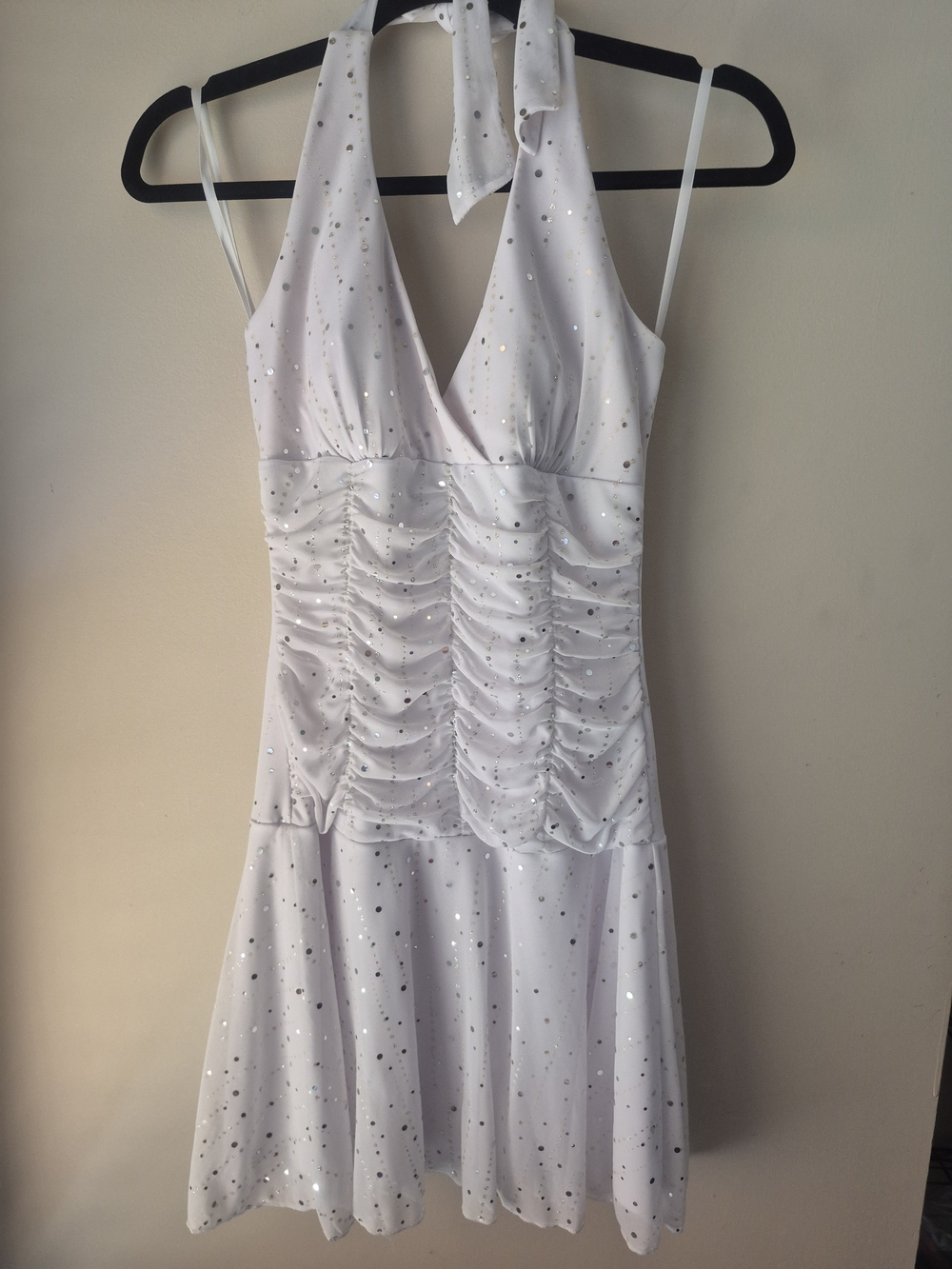 Vintage Y2K Taboo White Sequin Halter Ruched Mini Dress
